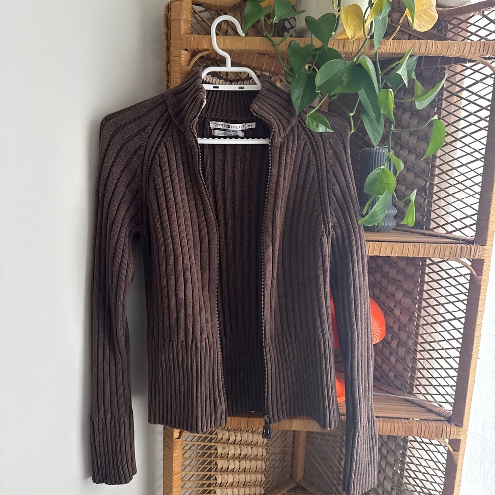 Tommy Hilfiger Chocolate Ribbed Zip Sweater